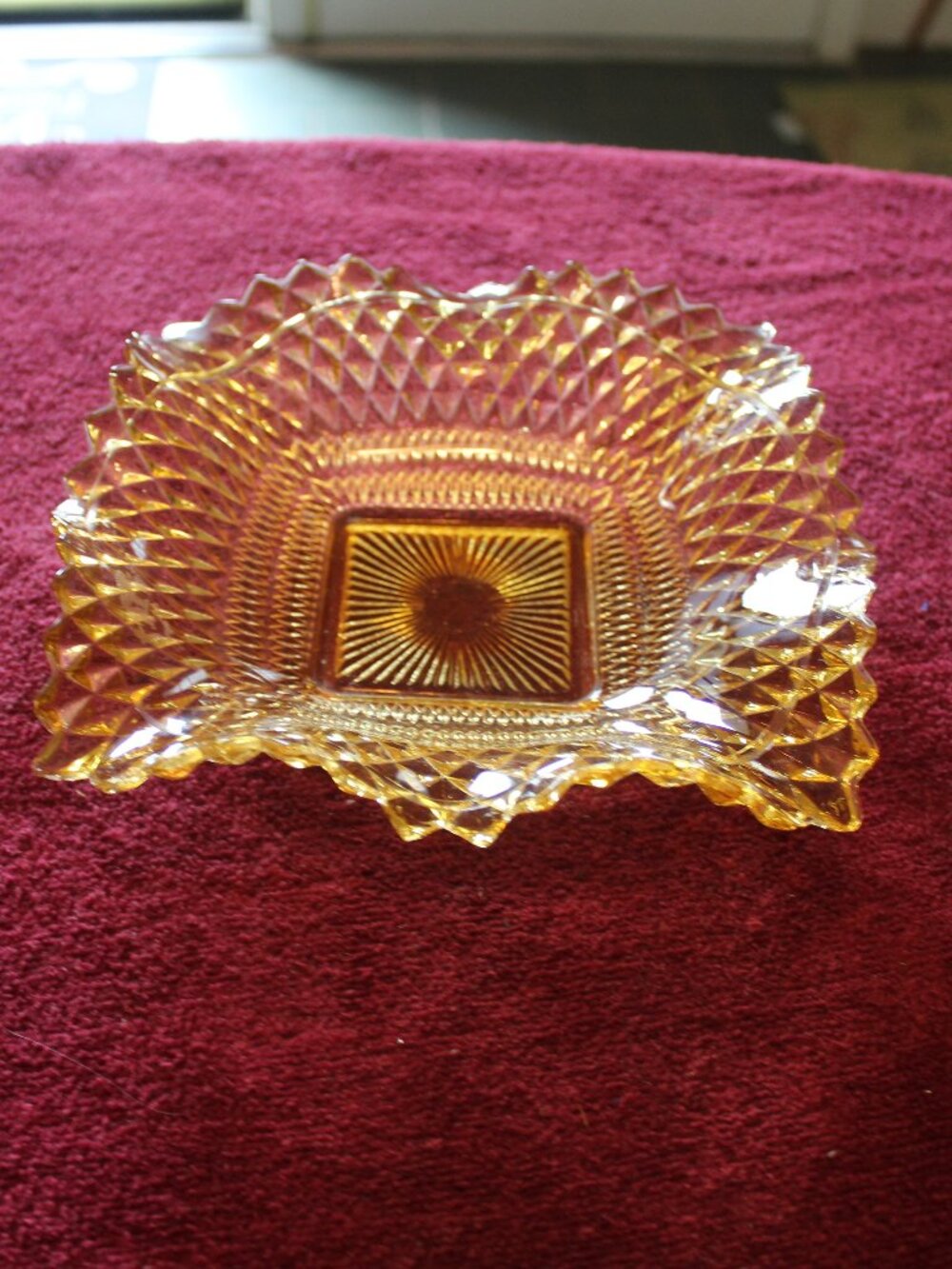 Vintage amber glass square candy or trinket dish featuring a diamond point